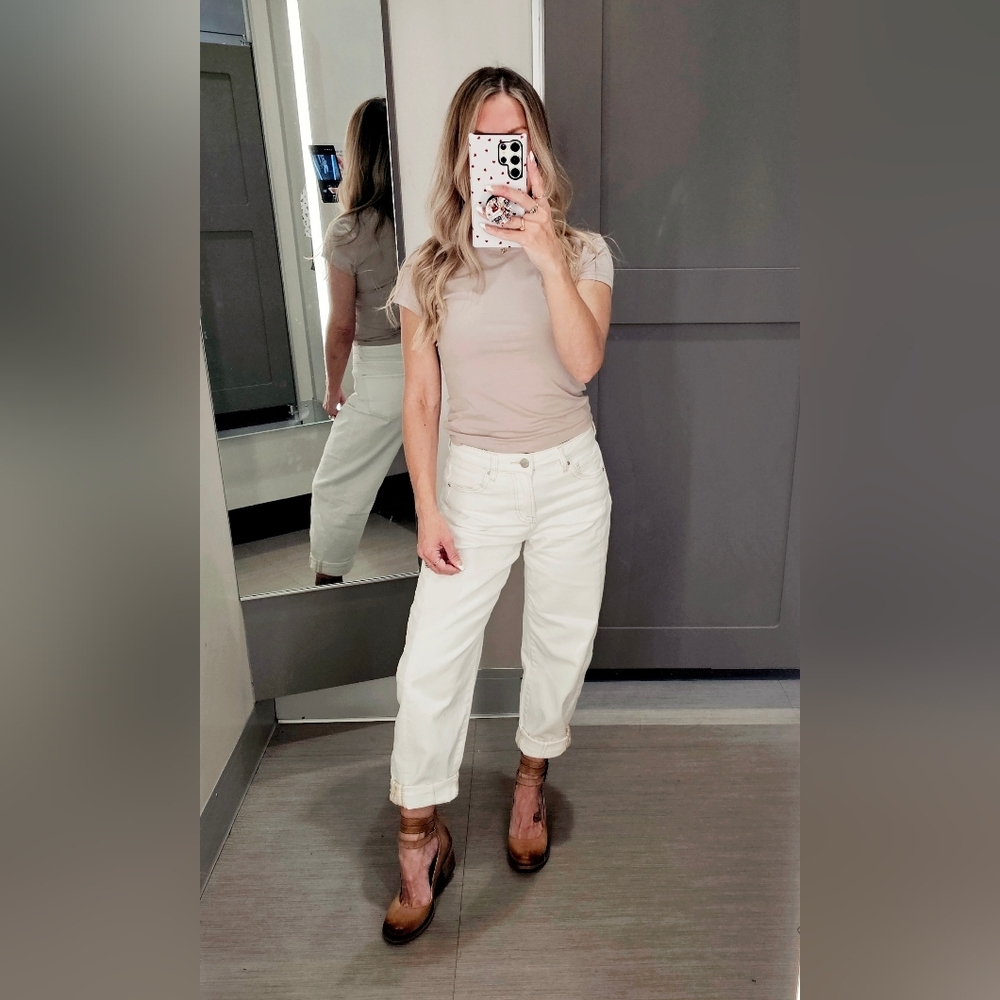 Risen High Rise Barrel Jeans Stretch Cuffed Relaxed Neutral Cream Various NEW - Picture 12 of 12